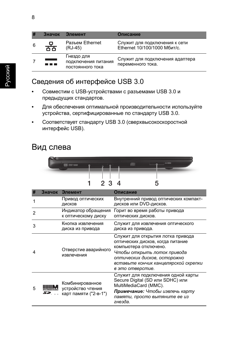 Вид слева, Сведения об интерфейсе usb 3.0 | Acer Aspire M3-581PT User Manual | Page 144 / 364