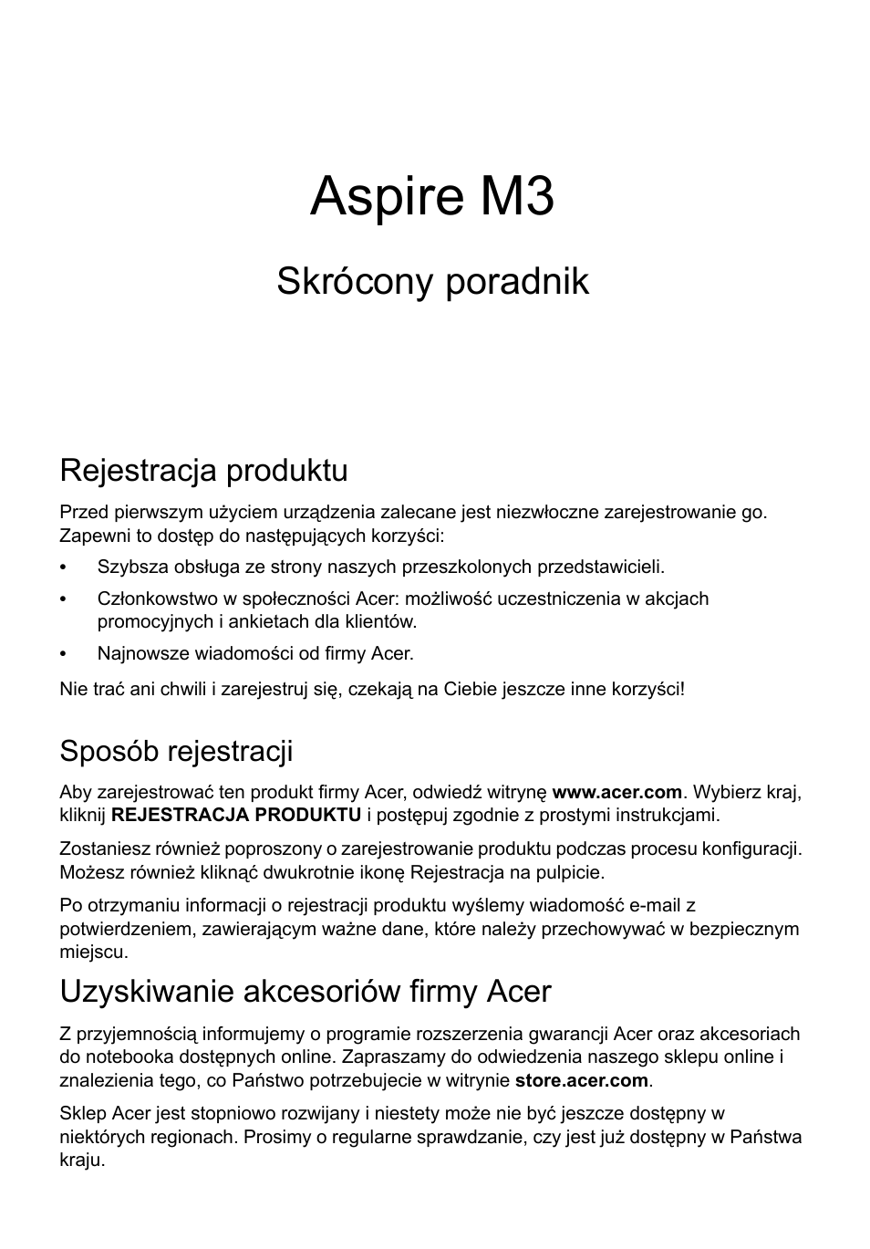 Polski, Rejestracja produktu, Sposób rejestracji | Uzyskiwanie akcesoriów firmy acer, Aspire m3, Skrócony poradnik | Acer Aspire M3-581PT User Manual | Page 149 / 364