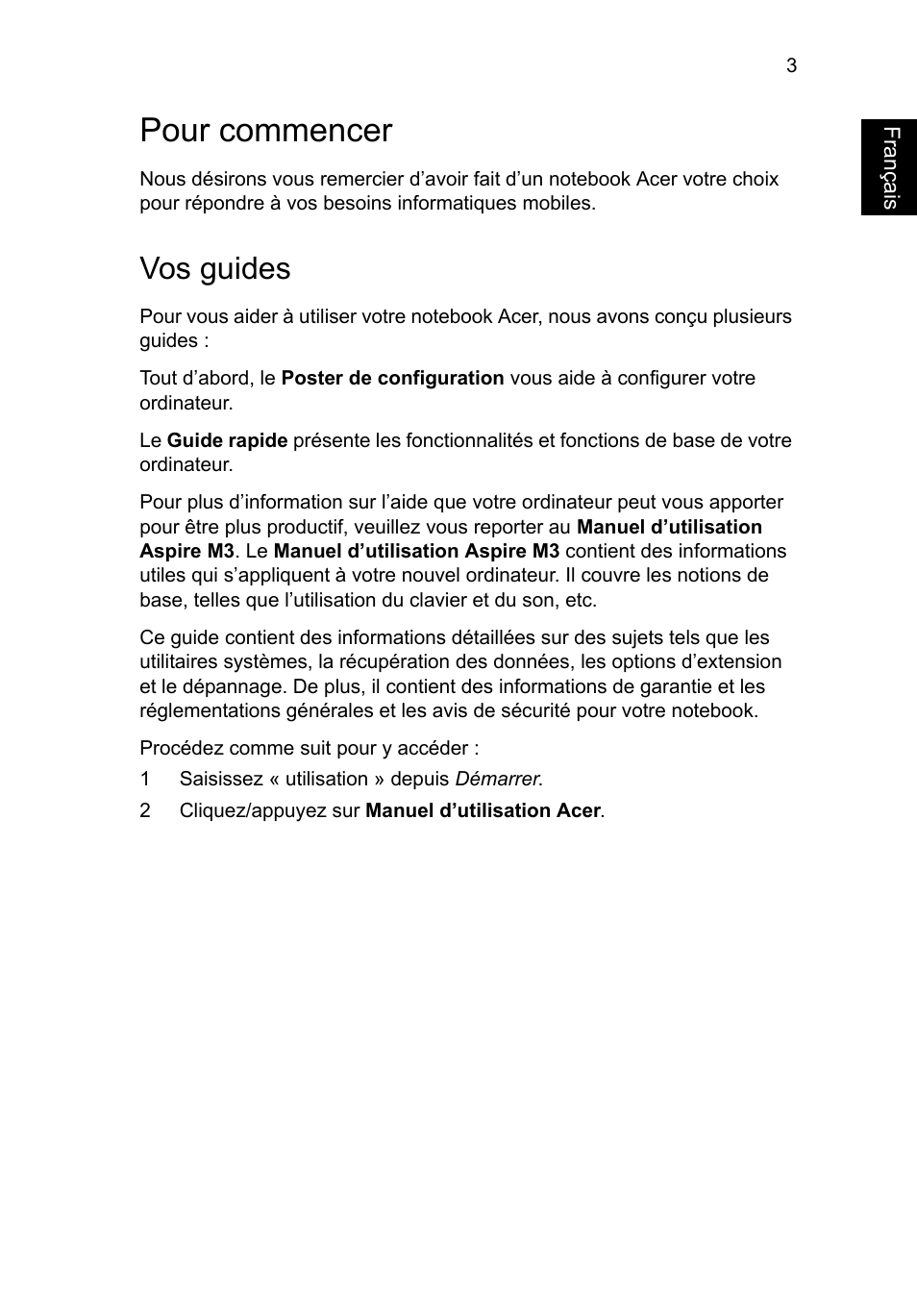 Pour commencer, Vos guides, Français | Acer Aspire M3-581PT User Manual | Page 15 / 364