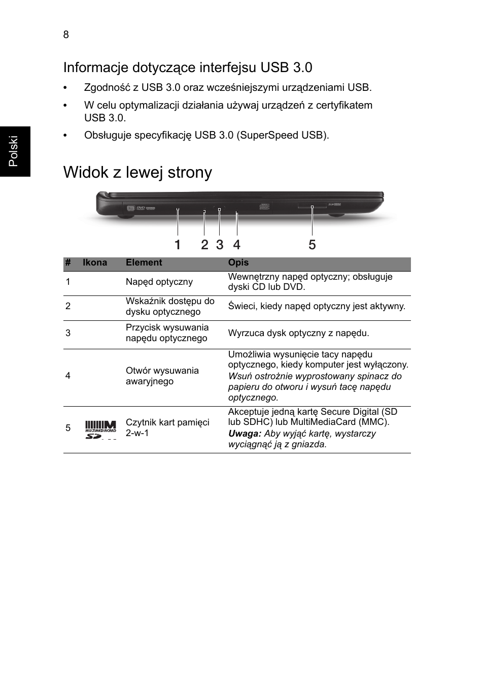 Widok z lewej strony, Informacje dotyczące interfejsu usb 3.0 | Acer Aspire M3-581PT User Manual | Page 156 / 364
