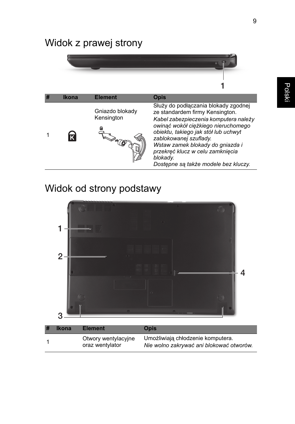 Widok z prawej strony, Widok od strony podstawy, Widok z prawej strony widok od strony podstawy | Acer Aspire M3-581PT User Manual | Page 157 / 364