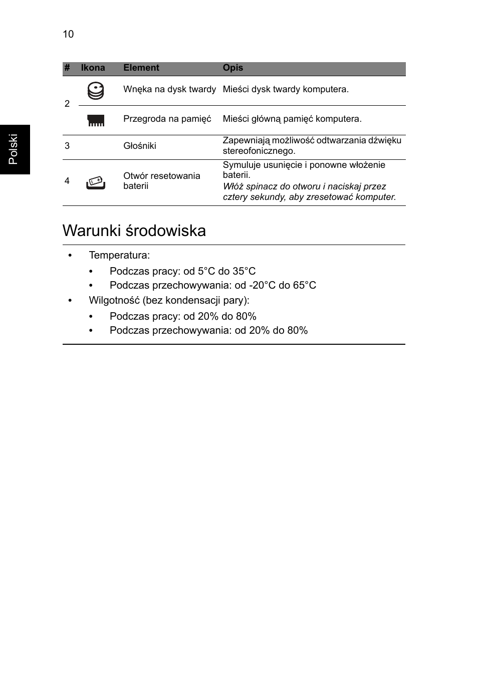 Warunki środowiska | Acer Aspire M3-581PT User Manual | Page 158 / 364