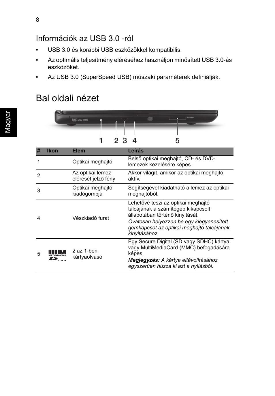 Bal oldali nézet, Információk az usb 3.0 -ról | Acer Aspire M3-581PT User Manual | Page 168 / 364