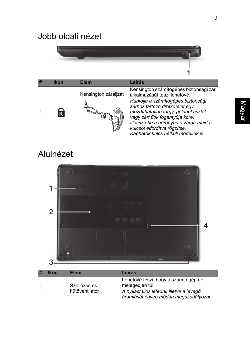 Jobb oldali nézet, Alulnézet, Jobb oldali nézet alulnézet | Acer Aspire M3-581PT User Manual | Page 169 / 364