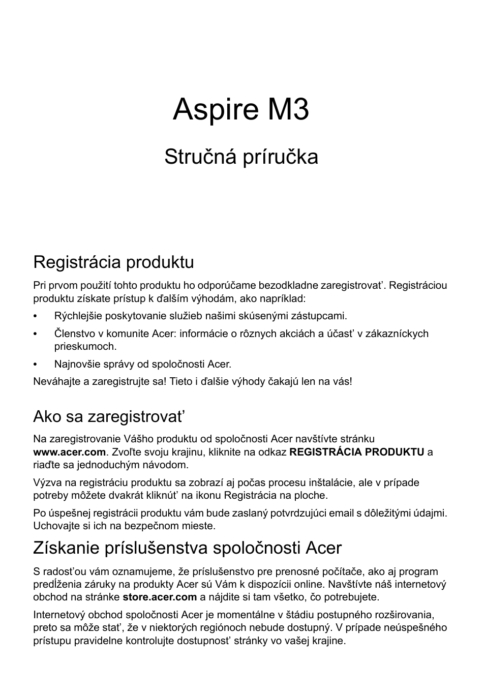 Slovenčina, Registrácia produktu, Ako sa zaregistrovat | Získanie príslušenstva spoločnosti acer, Aspire m3, Stručná príručka | Acer Aspire M3-581PT User Manual | Page 185 / 364