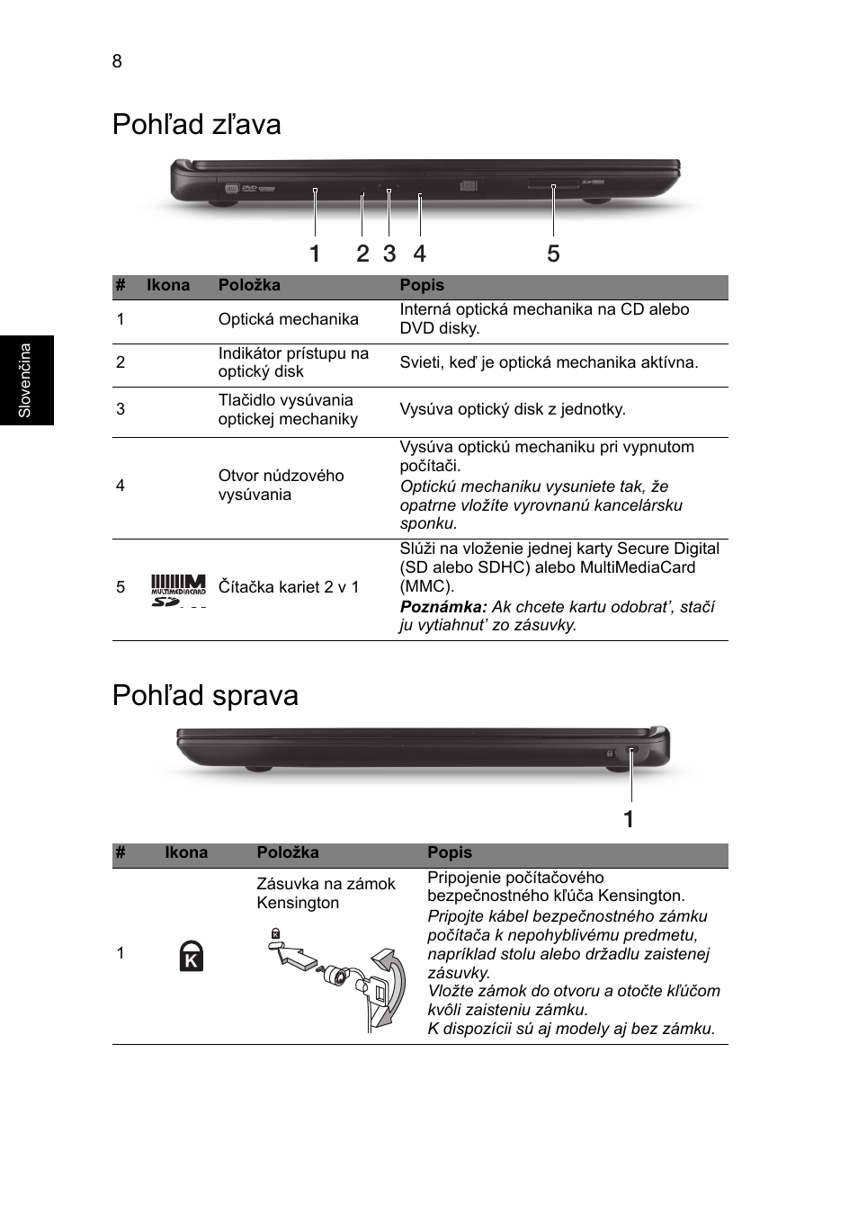 Pohľad zľava, Pohľad sprava, Pohľad zľava pohľad sprava | Acer Aspire M3-581PT User Manual | Page 192 / 364