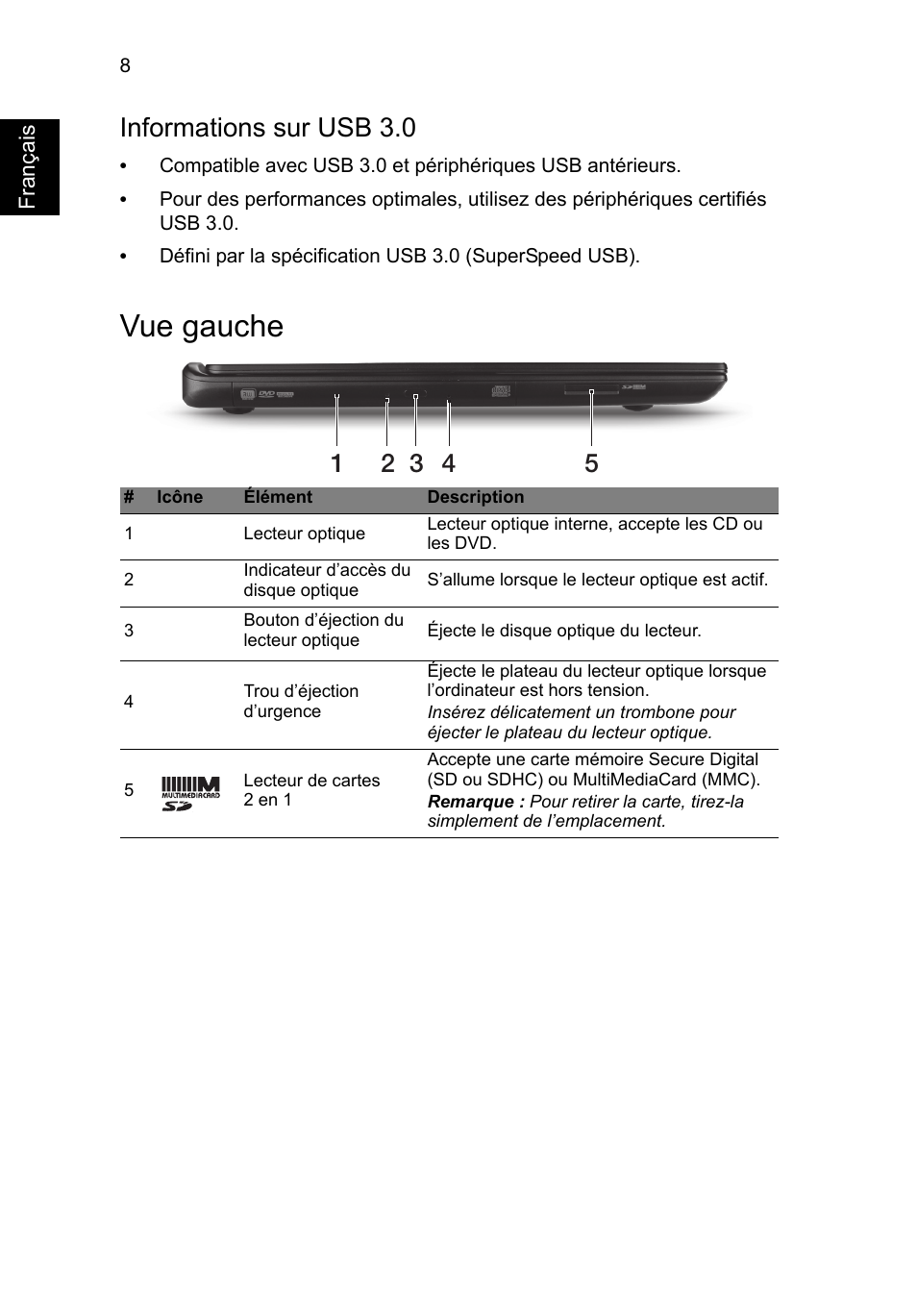 Vue gauche, Informations sur usb 3.0 | Acer Aspire M3-581PT User Manual | Page 20 / 364