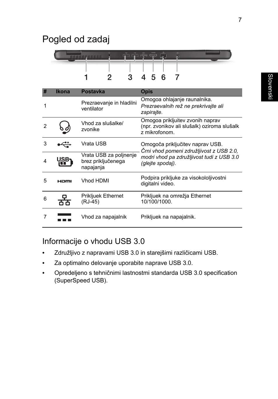Pogled od zadaj, Informacije o vhodu usb 3.0 | Acer Aspire M3-581PT User Manual | Page 203 / 364