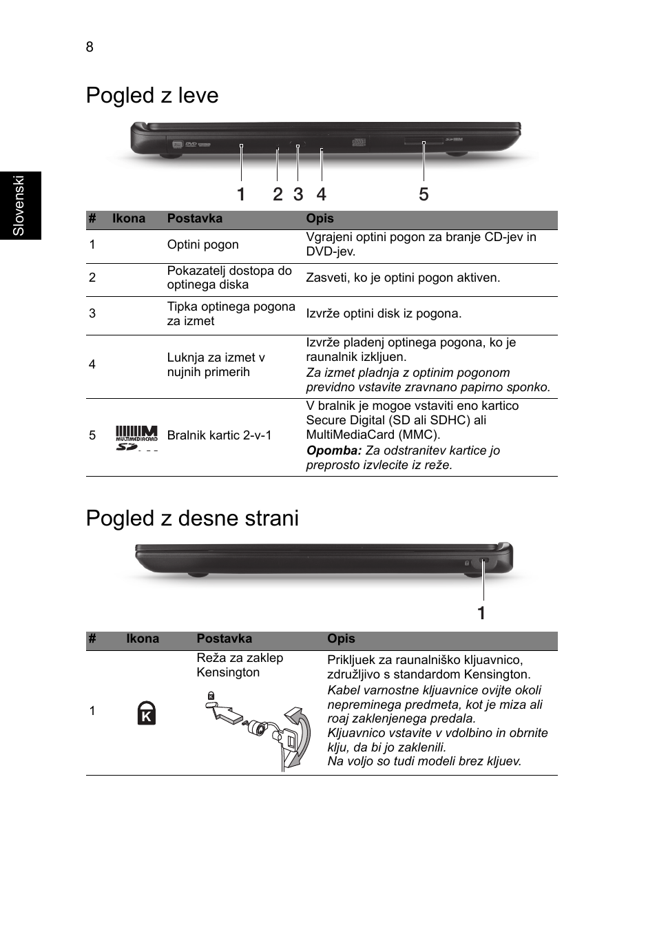 Pogled z leve, Pogled z desne strani, Pogled z leve pogled z desne strani | Acer Aspire M3-581PT User Manual | Page 204 / 364