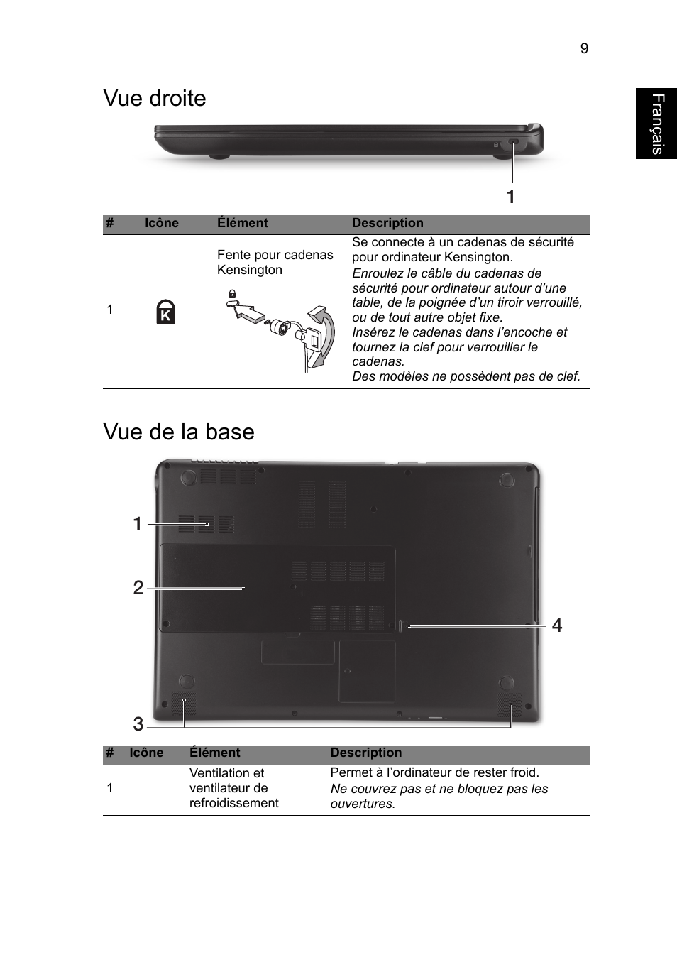 Vue droite, Vue de la base, Vue droite vue de la base | Français | Acer Aspire M3-581PT User Manual | Page 21 / 364