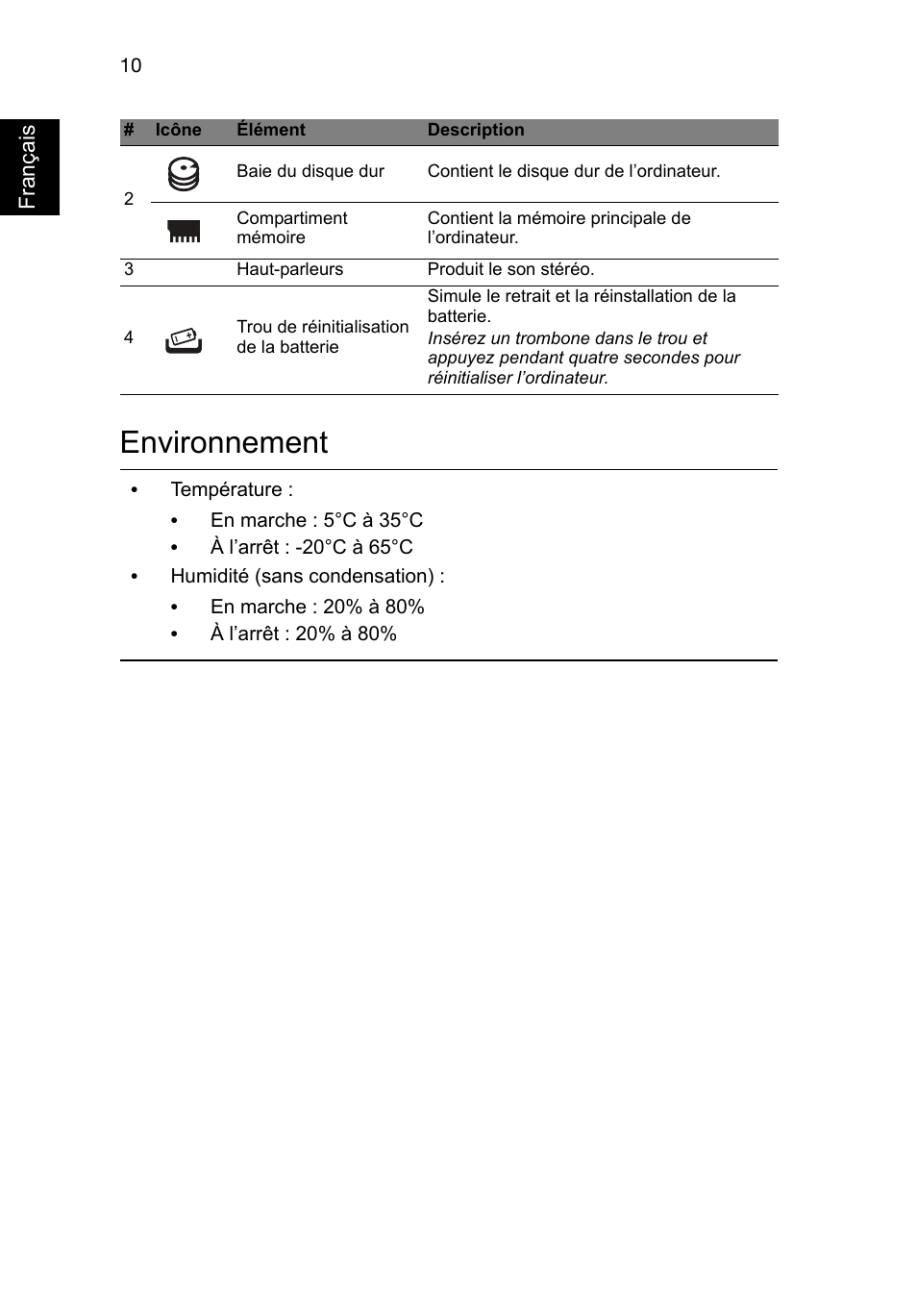 Environnement | Acer Aspire M3-581PT User Manual | Page 22 / 364