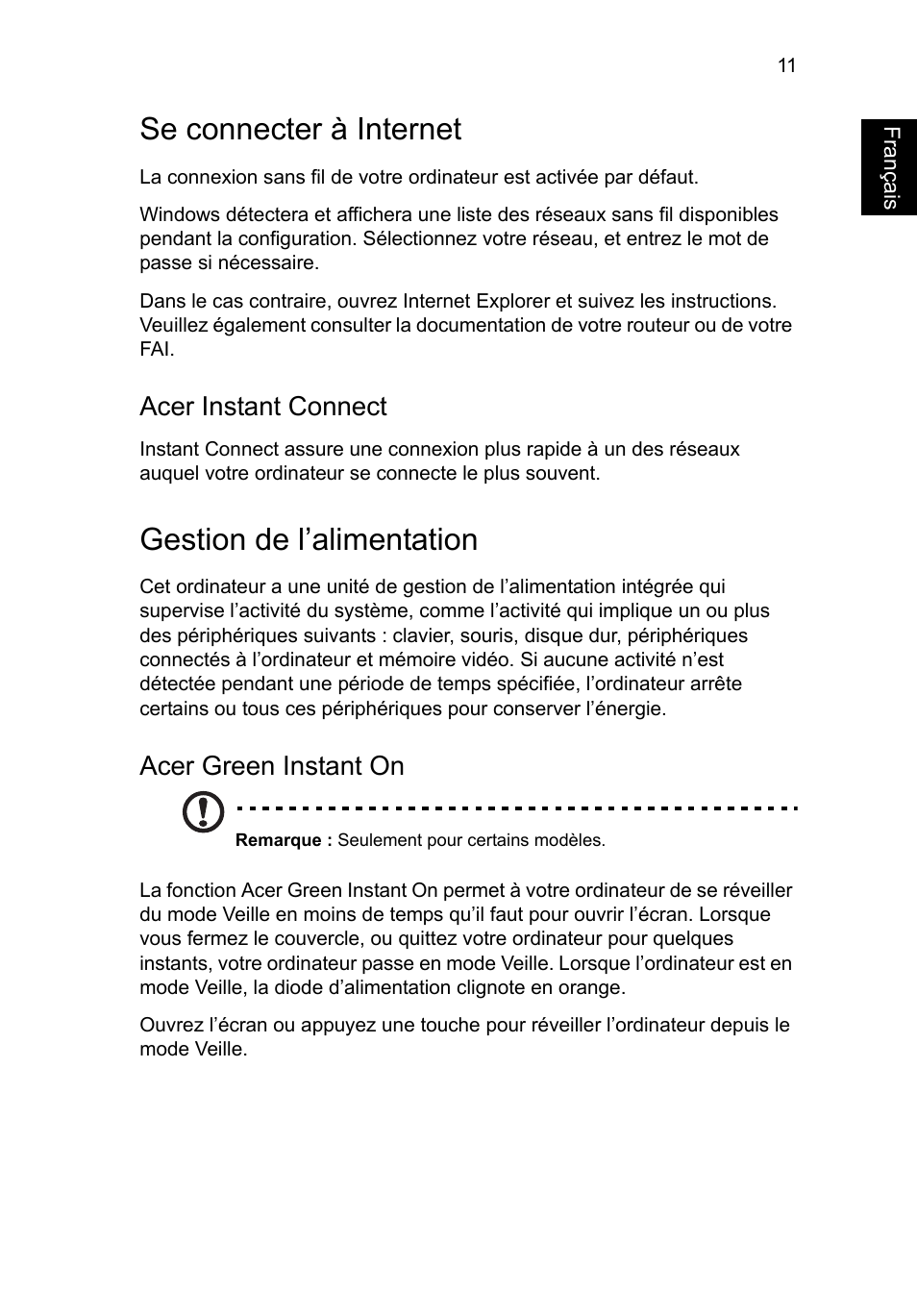 Se connecter à internet, Gestion de l’alimentation, Français | Acer instant connect, Acer green instant on | Acer Aspire M3-581PT User Manual | Page 23 / 364