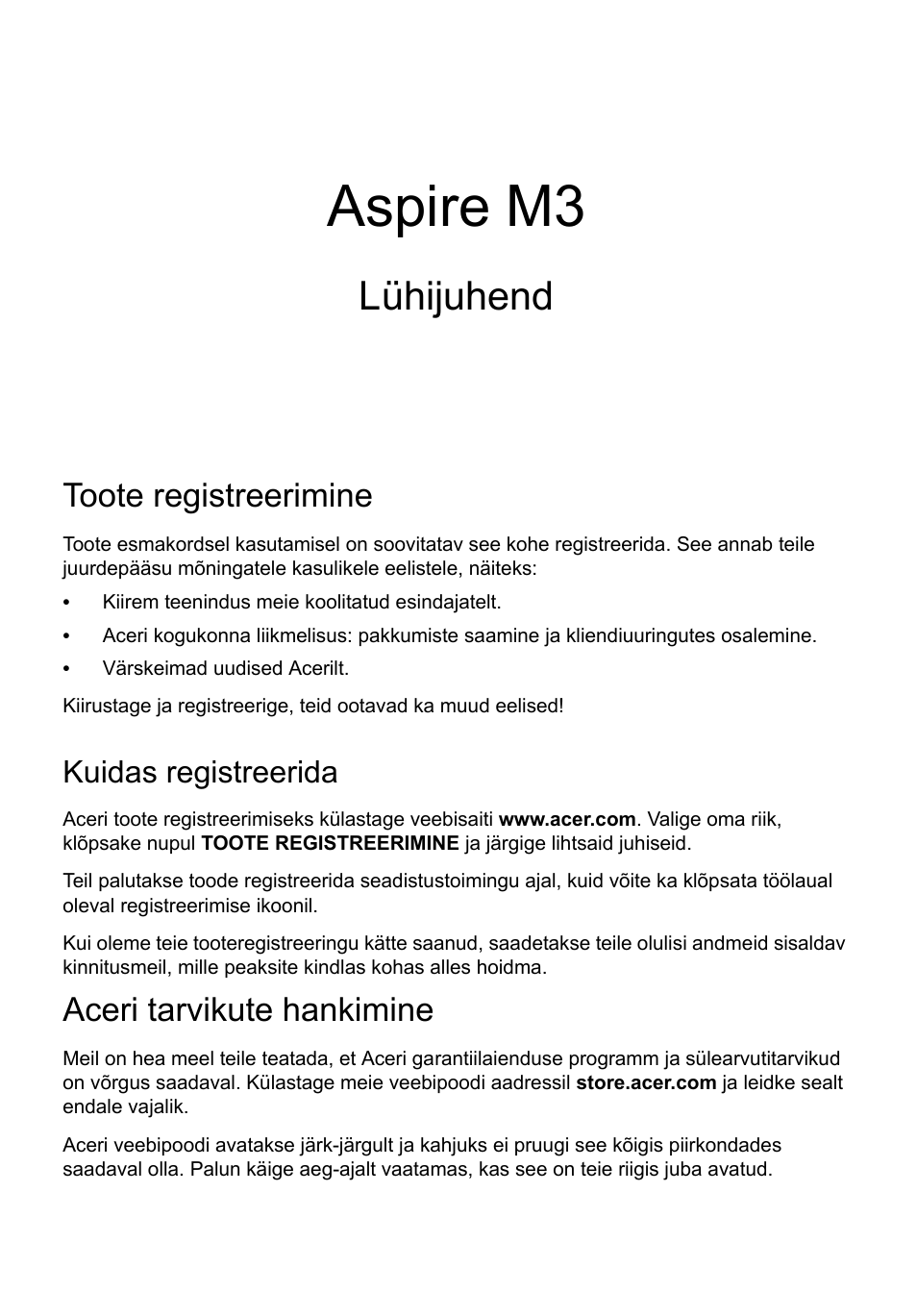 Eesti, Toote registreerimine, Kuidas registreerida | Aceri tarvikute hankimine, Aspire m3, Lühijuhend | Acer Aspire M3-581PT User Manual | Page 245 / 364