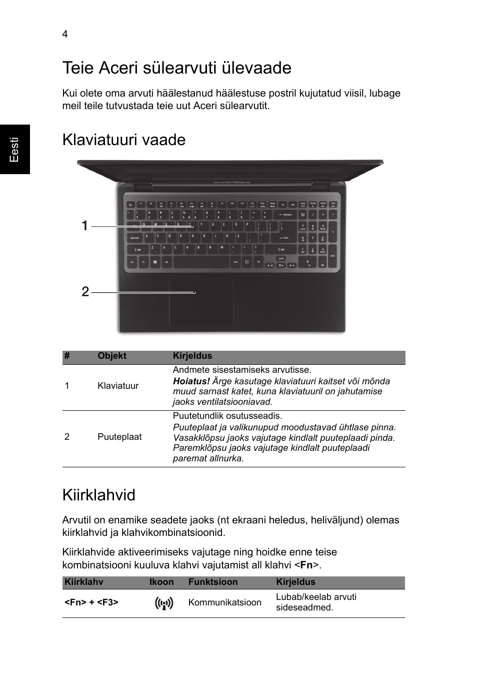Teie aceri sülearvuti ülevaade, Klaviatuuri vaade, Kiirklahvid | Klaviatuuri vaade kiirklahvid | Acer Aspire M3-581PT User Manual | Page 248 / 364