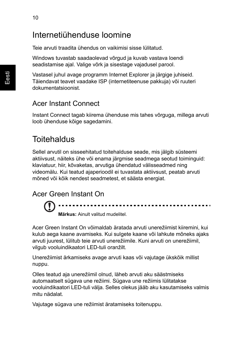 Internetiühenduse loomine, Toitehaldus, Acer instant connect | Acer green instant on | Acer Aspire M3-581PT User Manual | Page 254 / 364