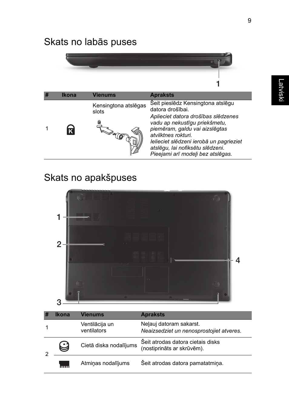 Skats no labās puses, Skats no apakšpuses, Skats no labās puses skats no apakšpuses | Acer Aspire M3-581PT User Manual | Page 265 / 364