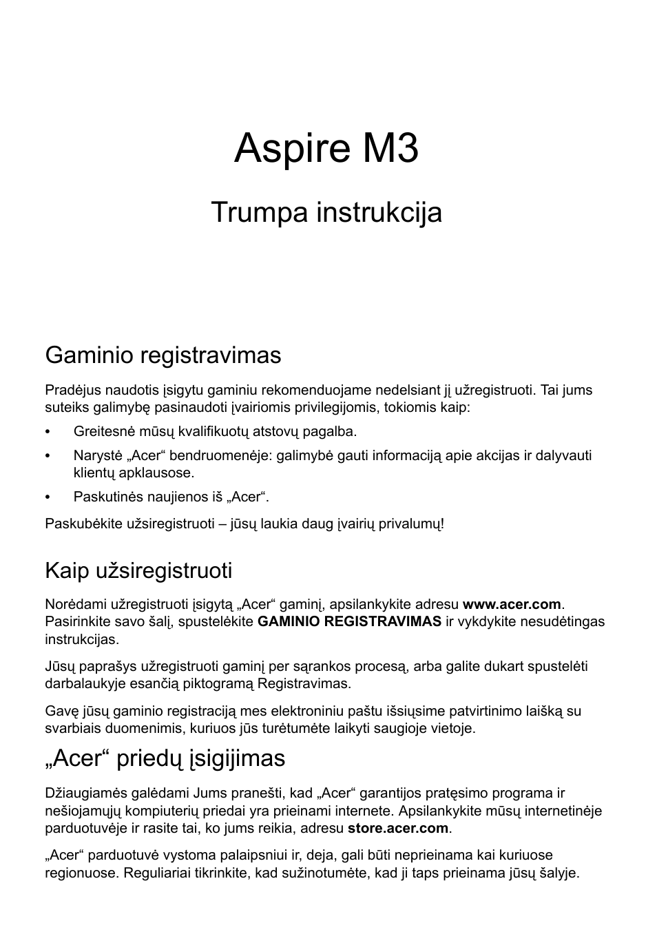Lietuviškai, Gaminio registravimas, Kaip užsiregistruoti | Acer“ priedų įsigijimas, Aspire m3, Trumpa instrukcija | Acer Aspire M3-581PT User Manual | Page 269 / 364