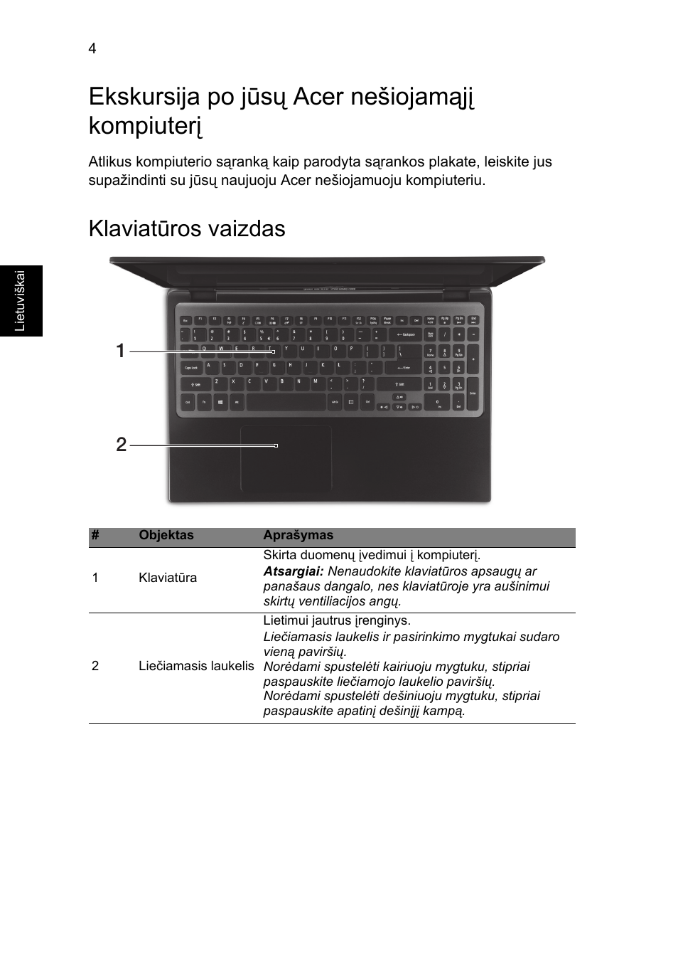 Ekskursija po jūsų acer nešiojamąjį kompiuterį, Klaviatūros vaizdas | Acer Aspire M3-581PT User Manual | Page 272 / 364