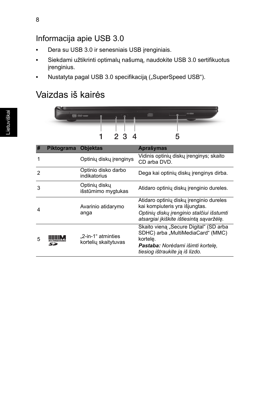 Vaizdas iš kairės, Informacija apie usb 3.0 | Acer Aspire M3-581PT User Manual | Page 276 / 364
