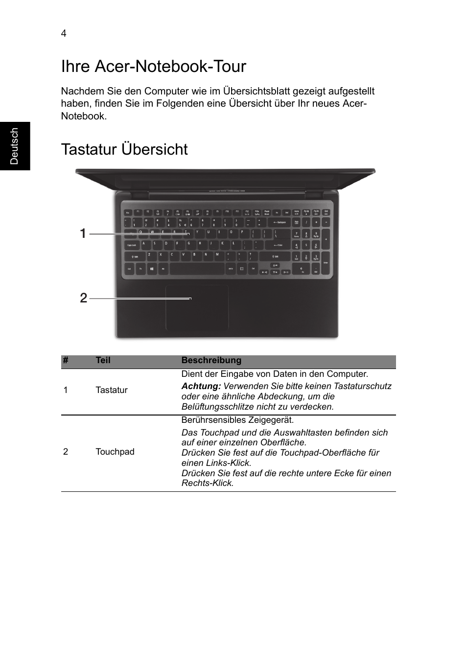 Ihre acer-notebook-tour, Tastatur übersicht | Acer Aspire M3-581PT User Manual | Page 28 / 364