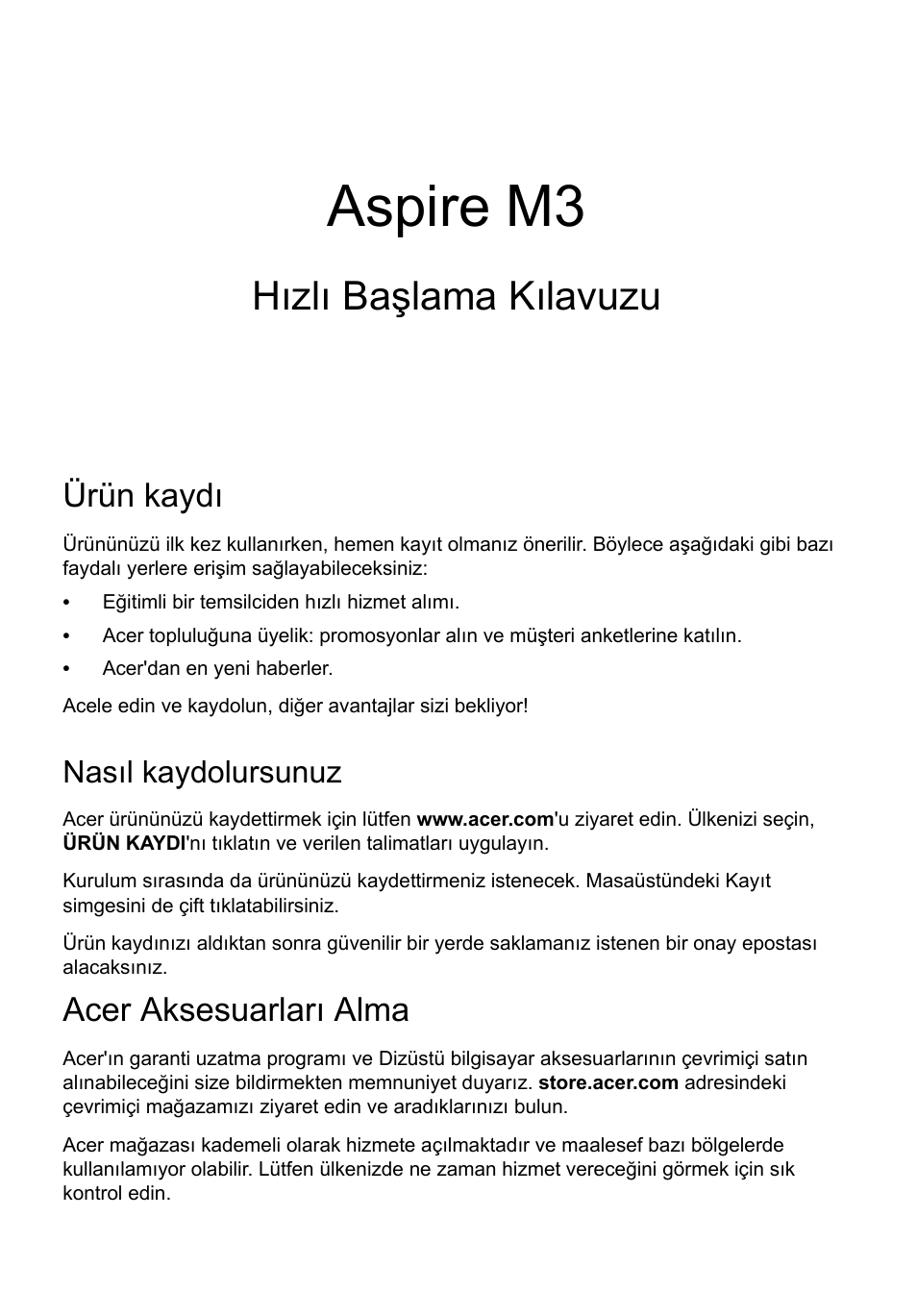 Türkçe, Ürün kaydı, Nasıl kaydolursunuz | Acer aksesuarları alma, Aspire m3, Hızlı başlama kılavuzu | Acer Aspire M3-581PT User Manual | Page 293 / 364