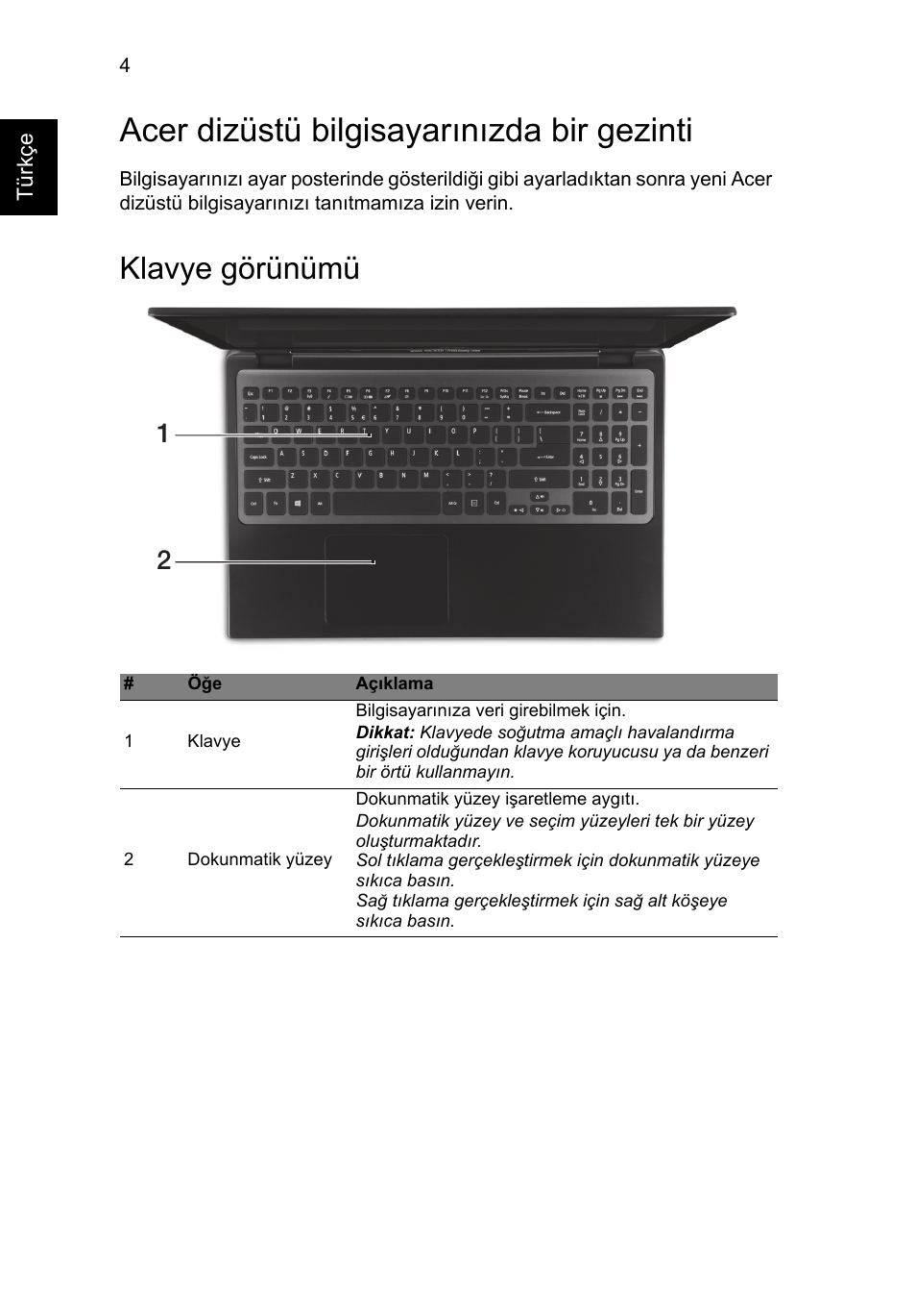 Acer dizüstü bilgisayarınızda bir gezinti, Klavye görünümü | Acer Aspire M3-581PT User Manual | Page 296 / 364