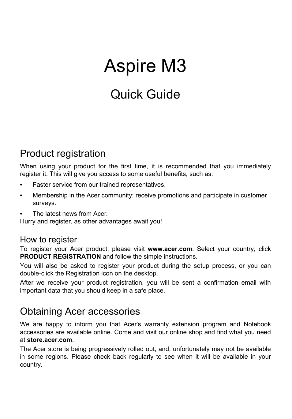 English, Product registration, How to register | Obtaining acer accessories, Aspire m3, Quick guide | Acer Aspire M3-581PT User Manual | Page 3 / 364