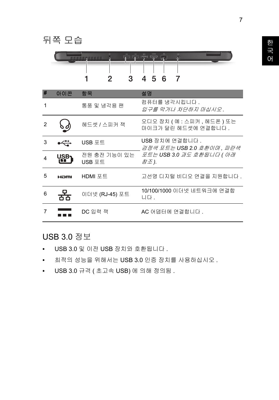뒤쪽 모습, Usb 3.0 정보 | Acer Aspire M3-581PT User Manual | Page 311 / 364