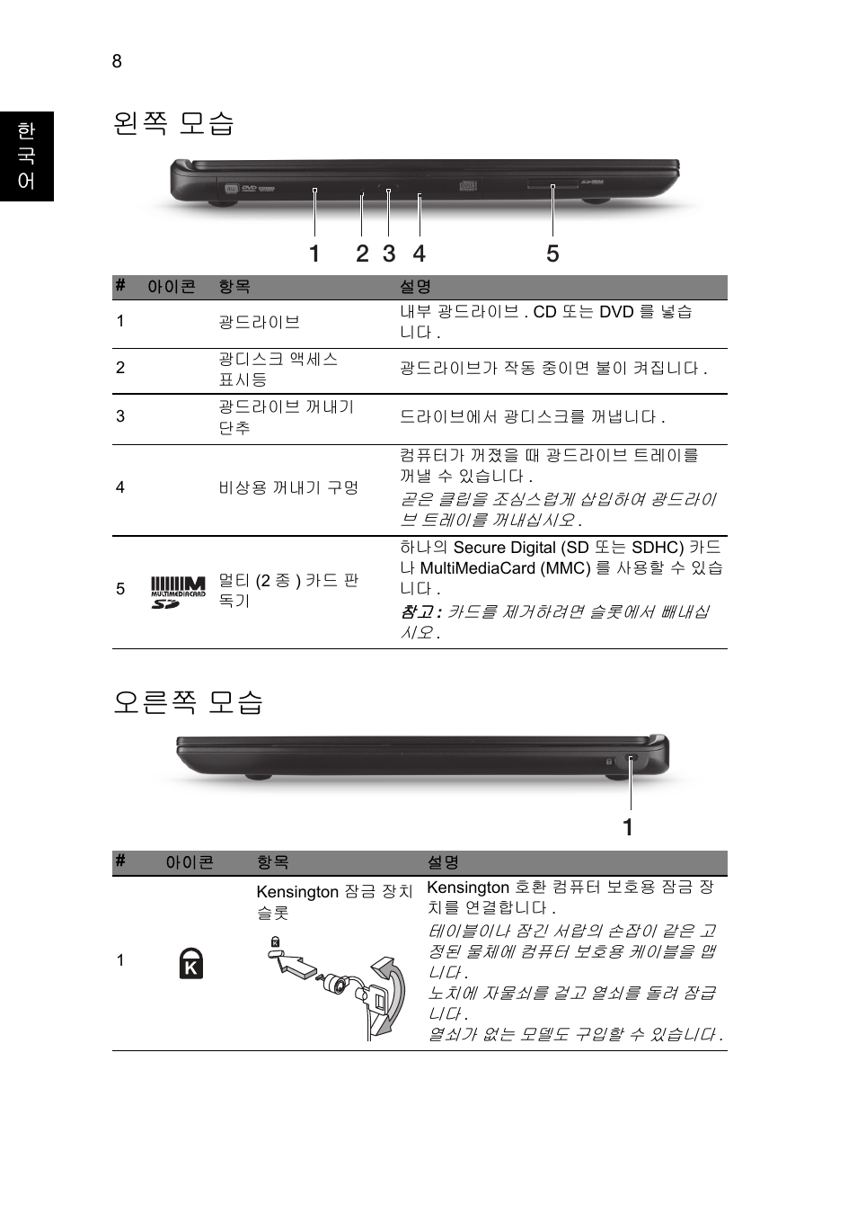 왼쪽 모습, 오른쪽 모습, 왼쪽 모습 오른쪽 모습 | Acer Aspire M3-581PT User Manual | Page 312 / 364