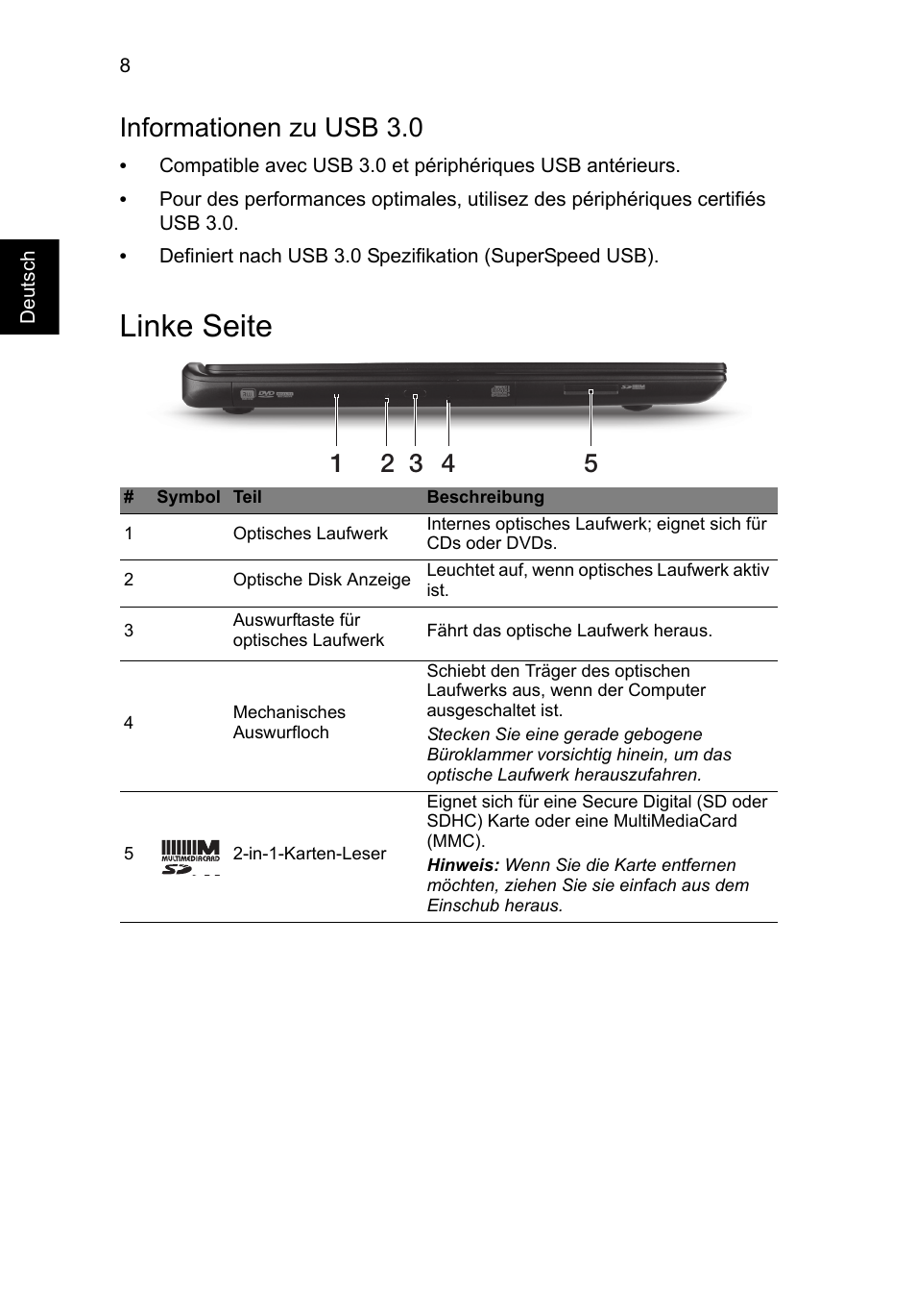 Linke seite, Informationen zu usb 3.0 | Acer Aspire M3-581PT User Manual | Page 32 / 364