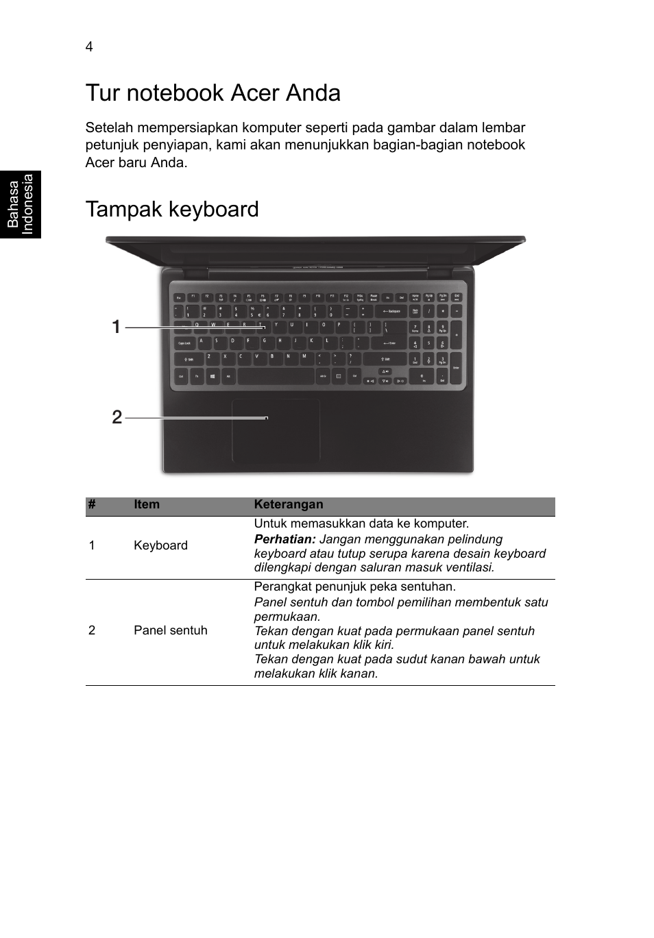 Tur notebook acer anda, Tampak keyboard | Acer Aspire M3-581PT User Manual | Page 344 / 364