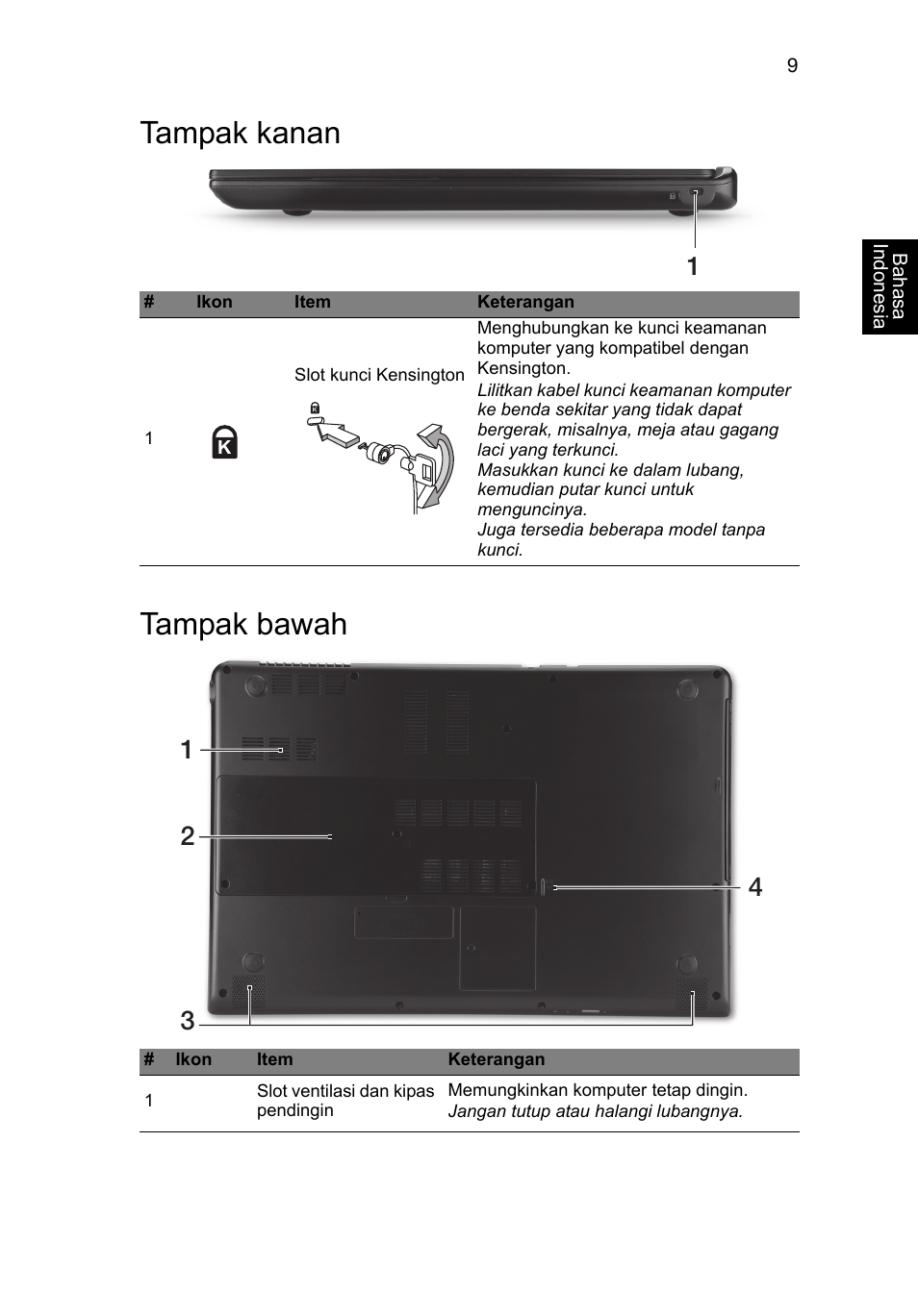 Tampak kanan, Tampak bawah, Tampak kanan tampak bawah | Acer Aspire M3-581PT User Manual | Page 349 / 364