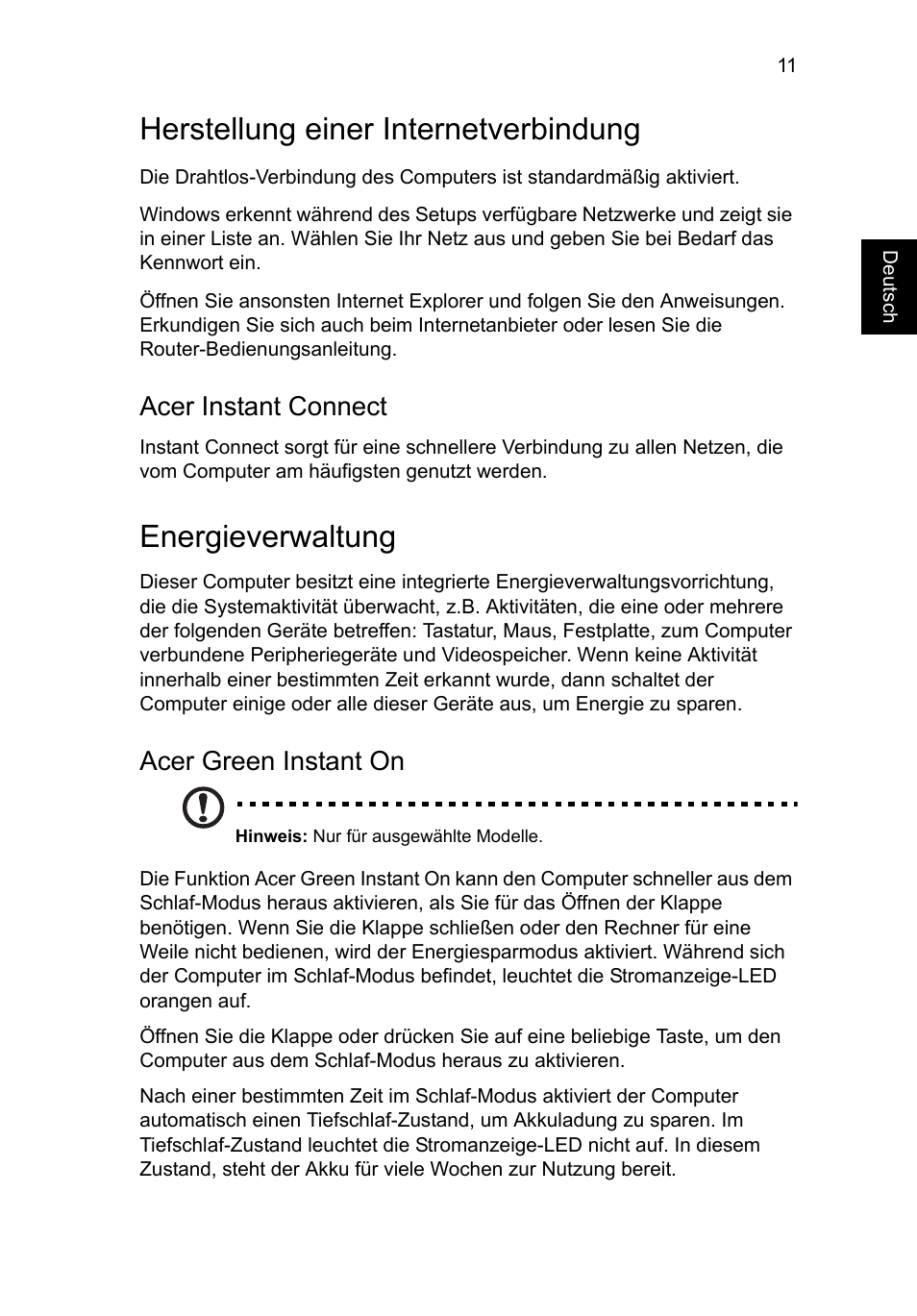 Herstellung einer internetverbindung, Energieverwaltung, Acer instant connect | Acer green instant on | Acer Aspire M3-581PT User Manual | Page 35 / 364