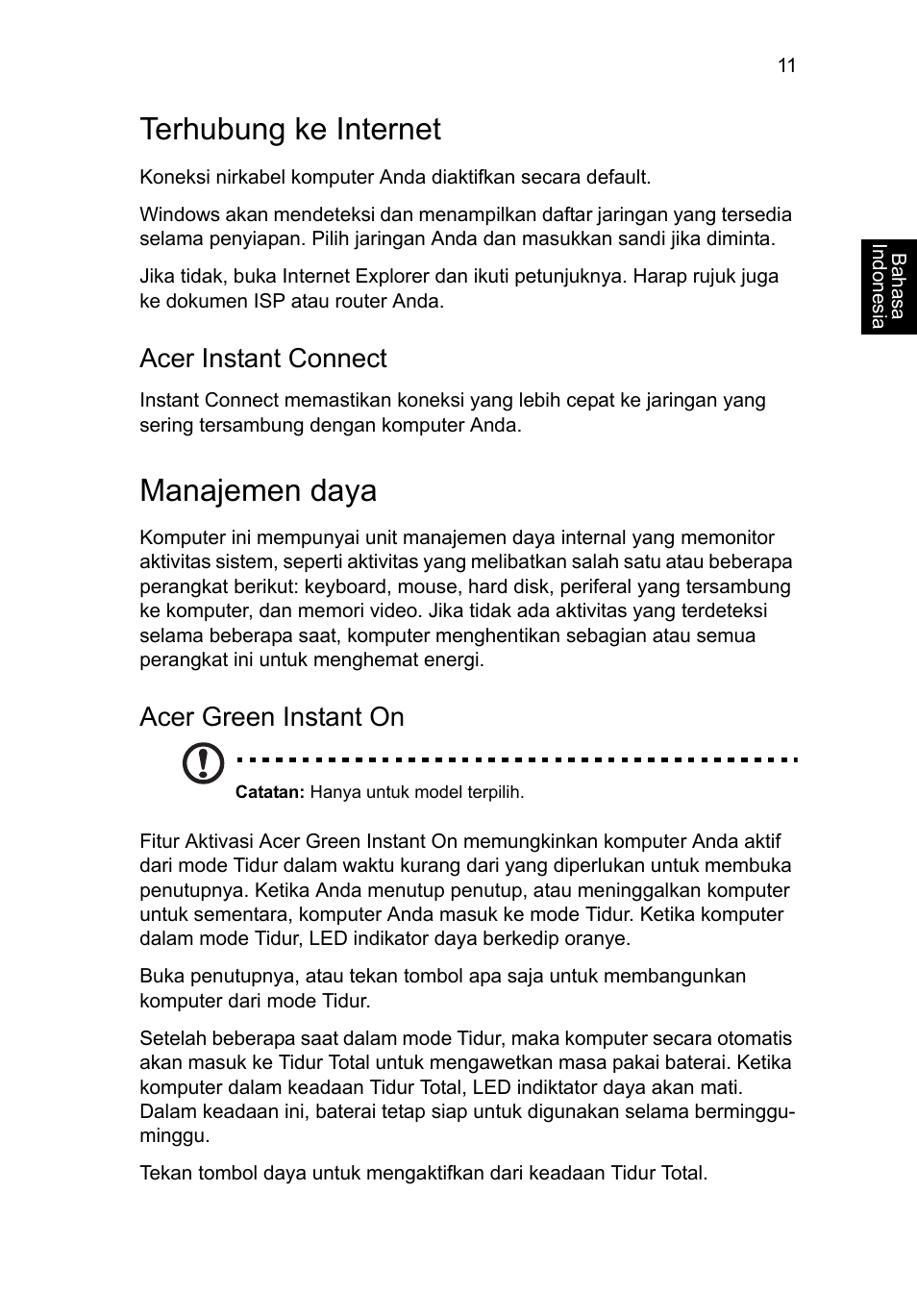 Terhubung ke internet, Manajemen daya, Acer instant connect | Acer green instant on | Acer Aspire M3-581PT User Manual | Page 351 / 364