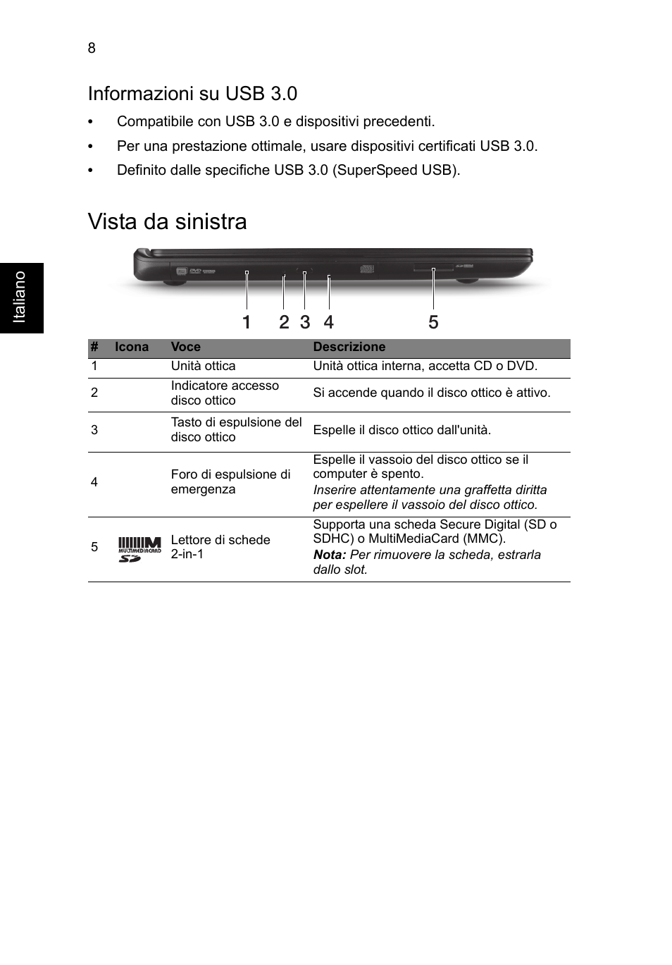 Vista da sinistra, Informazioni su usb 3.0 | Acer Aspire M3-581PT User Manual | Page 44 / 364