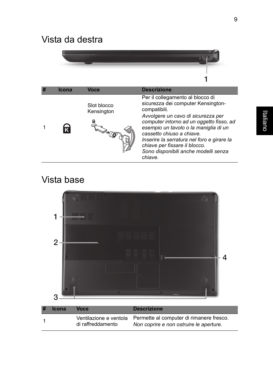 Vista da destra, Vista base, Vista da destra vista base | Acer Aspire M3-581PT User Manual | Page 45 / 364