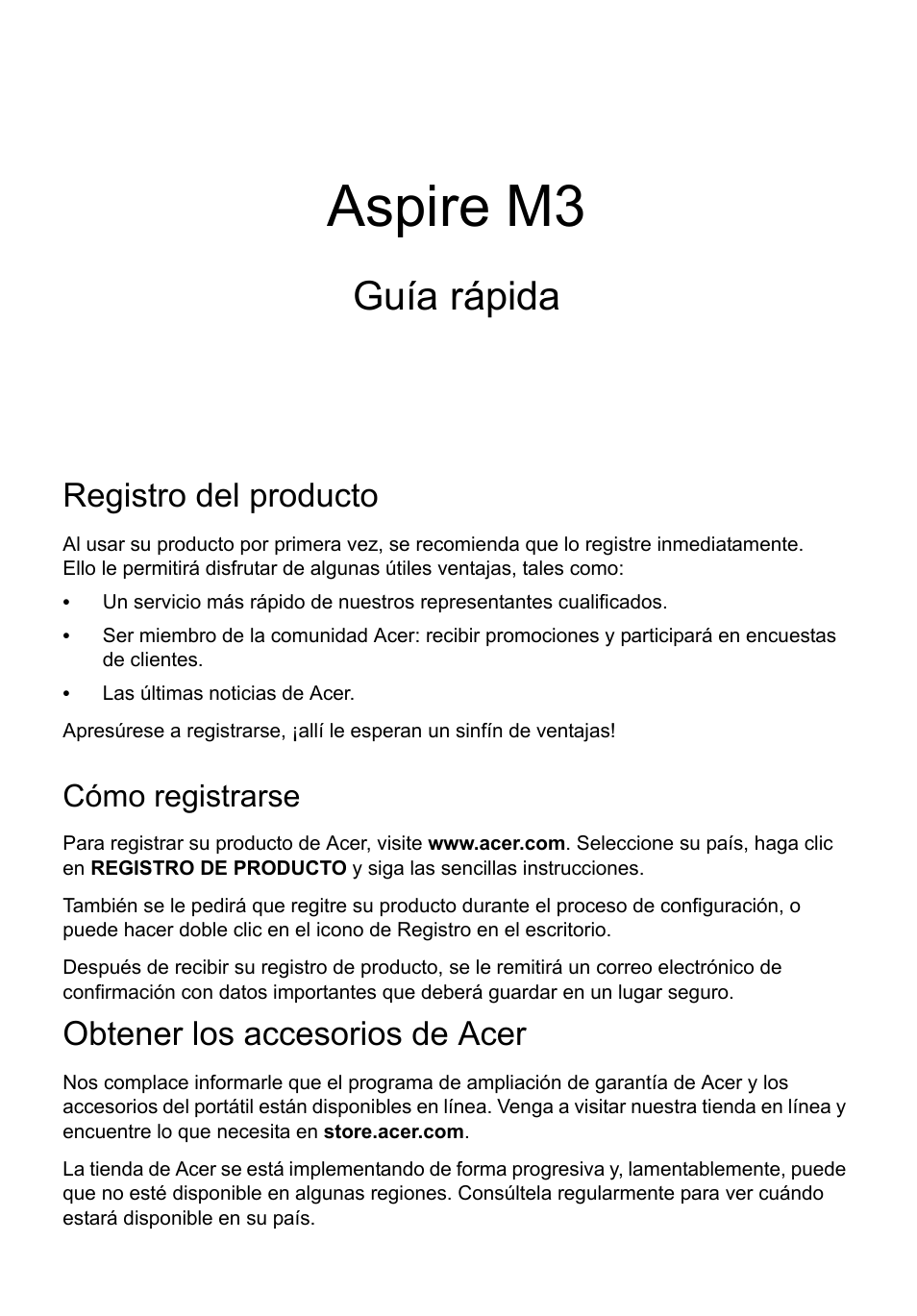 Español, Registro del producto, Cómo registrarse | Obtener los accesorios de acer, Aspire m3, Guía rápida | Acer Aspire M3-581PT User Manual | Page 49 / 364