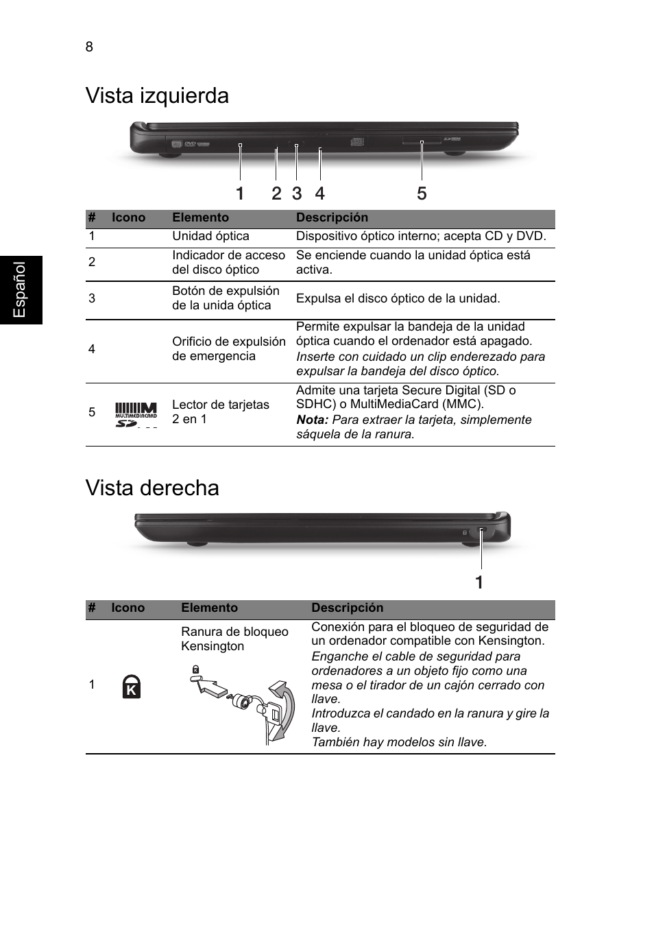 Vista izquierda, Vista derecha, Vista izquierda vista derecha | Acer Aspire M3-581PT User Manual | Page 56 / 364