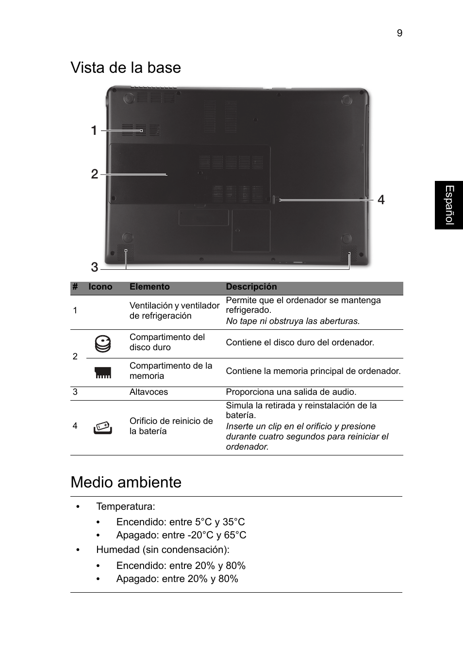 Vista de la base, Medio ambiente, Vista de la base medio ambiente | Acer Aspire M3-581PT User Manual | Page 57 / 364