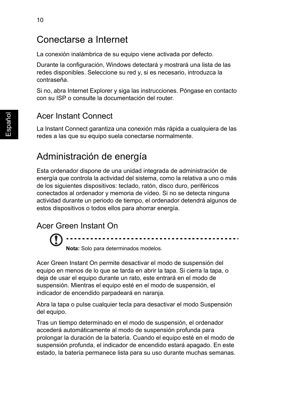 Conectarse a internet, Administración de energía, Acer instant connect | Acer green instant on | Acer Aspire M3-581PT User Manual | Page 58 / 364