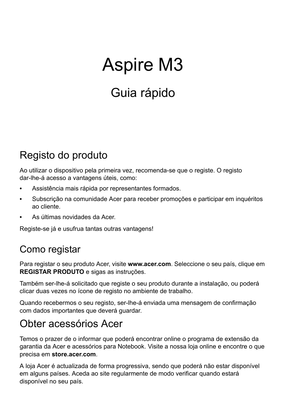 Português, Registo do produto, Como registar | Obter acessórios acer, Aspire m3, Guia rápido | Acer Aspire M3-581PT User Manual | Page 65 / 364
