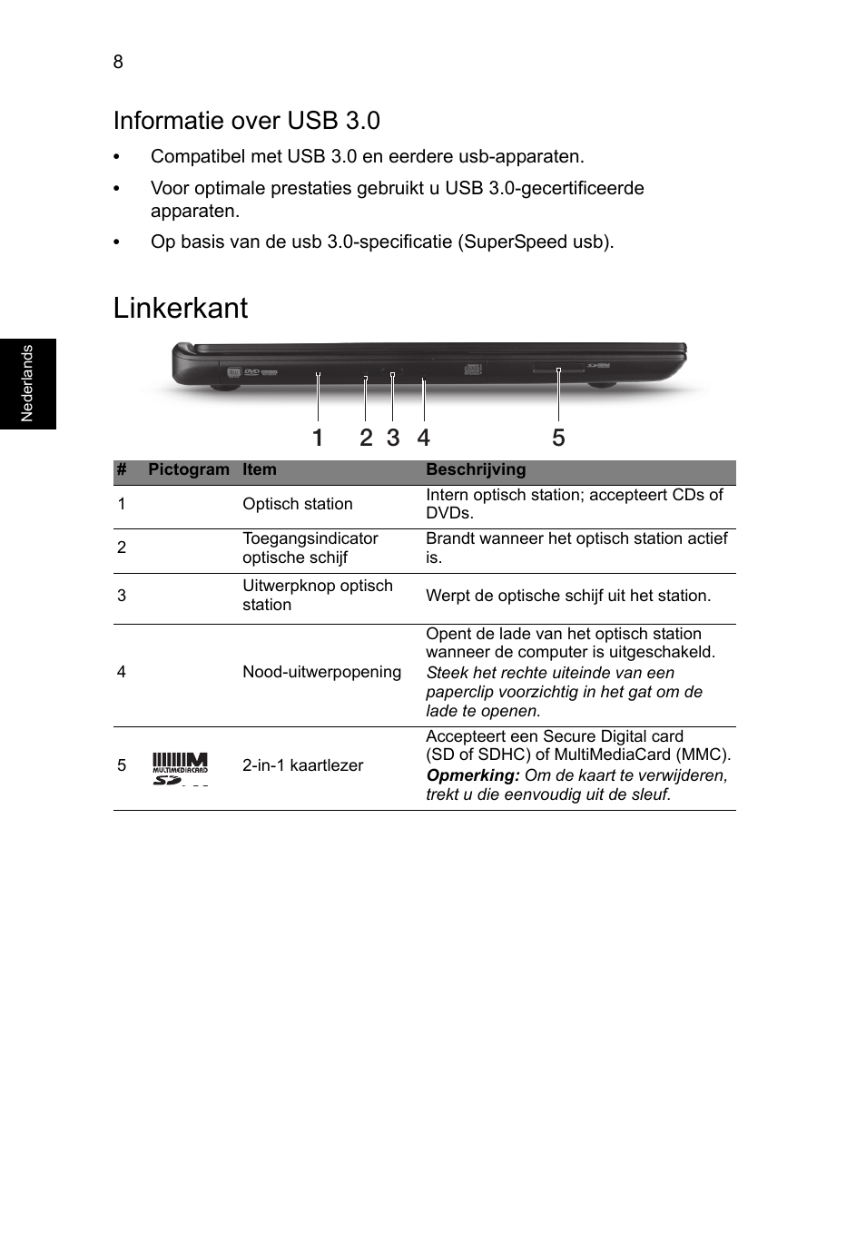 Linkerkant, Informatie over usb 3.0 | Acer Aspire M3-581PT User Manual | Page 84 / 364