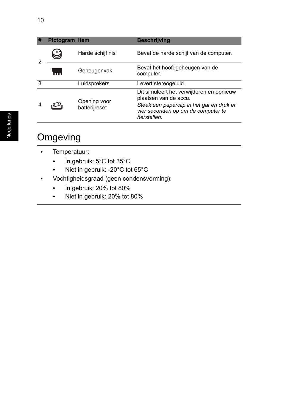 Omgeving | Acer Aspire M3-581PT User Manual | Page 86 / 364