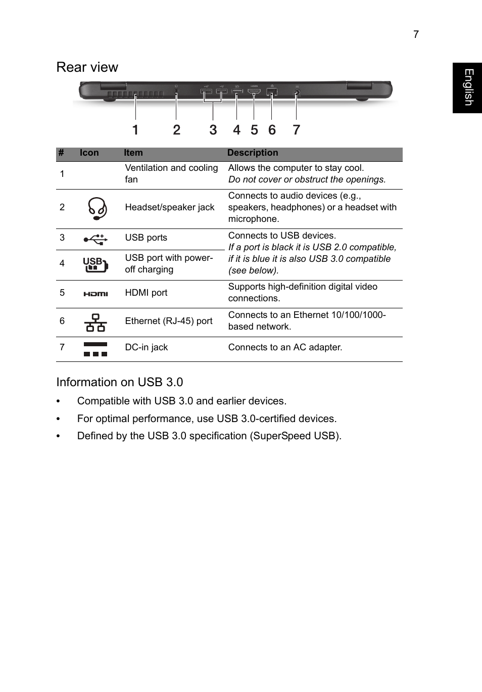 Rear view, Information on usb 3.0 | Acer Aspire M3-581PT User Manual | Page 9 / 364
