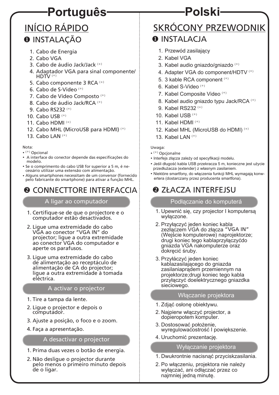 Português, Polski, Início rápido | Skrócony przewodnik, Instalação, Connecttore interfaccia, Instalacja, Złacza interfejsu | Acer X1383WH User Manual | Page 9 / 18