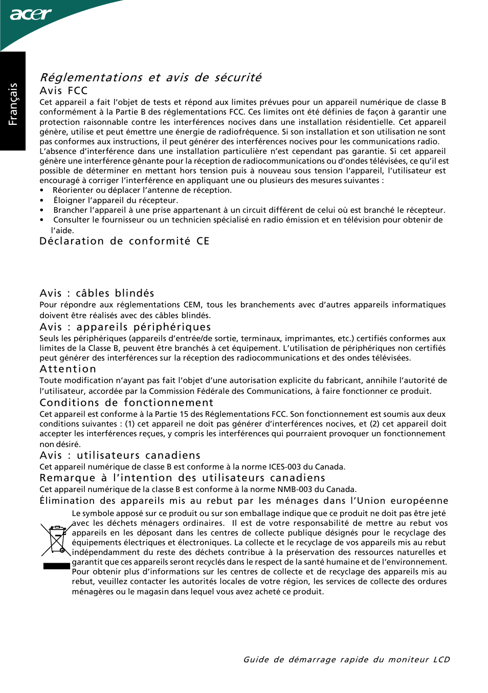 Réglementations et avis de sécurité, Si aç na rf | Acer G245HL User Manual | Page 11 / 26