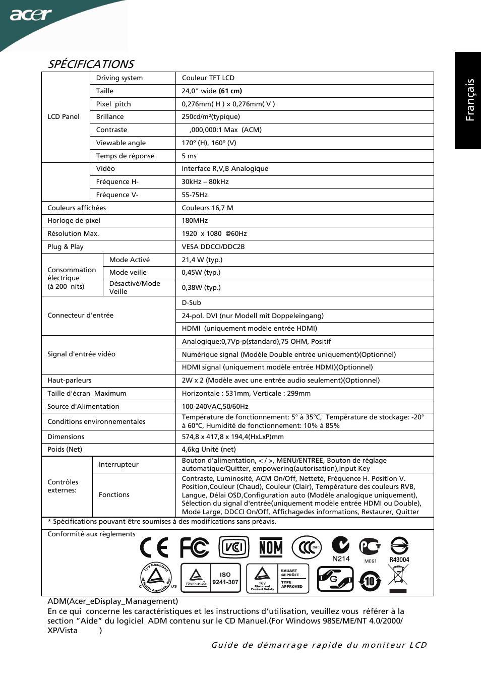 Spécifications, Fr an ça is | Acer G245HL User Manual | Page 12 / 26