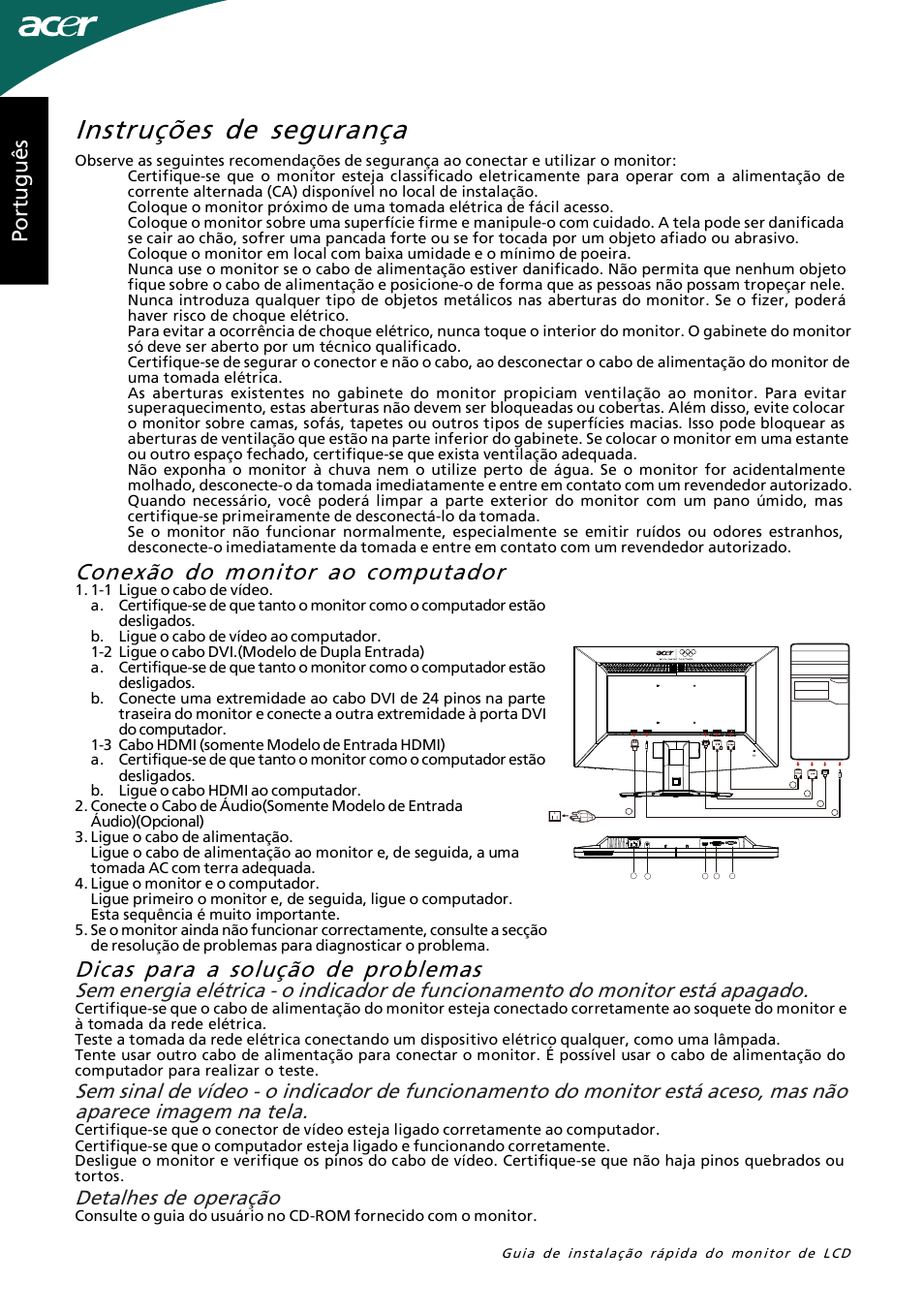 Instruções de segurança, Sê ug utr op, Detalhes de operação | Acer G245HL User Manual | Page 13 / 26