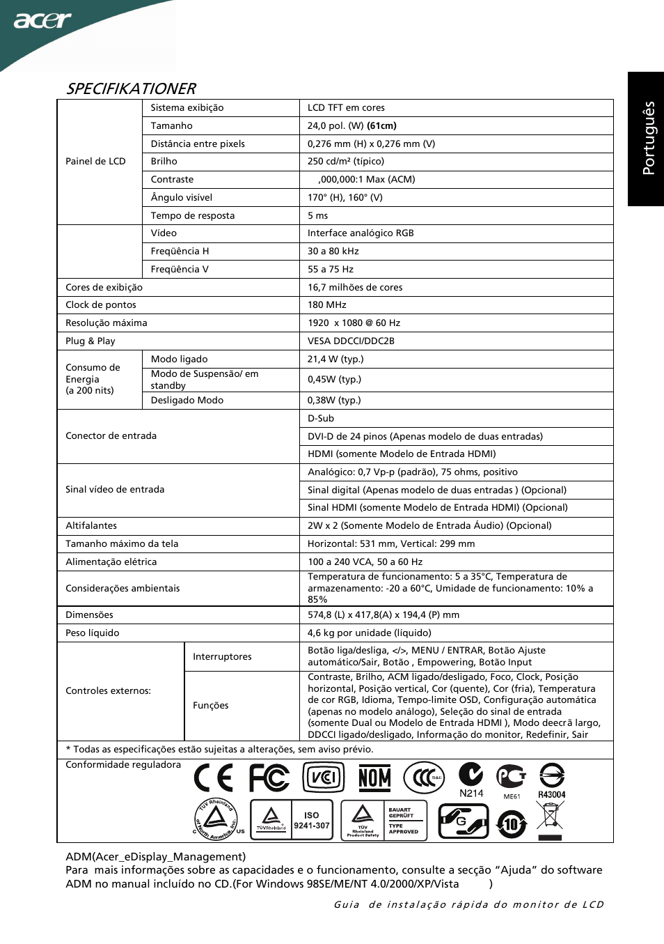 Specifikationer | Acer G245HL User Manual | Page 14 / 26