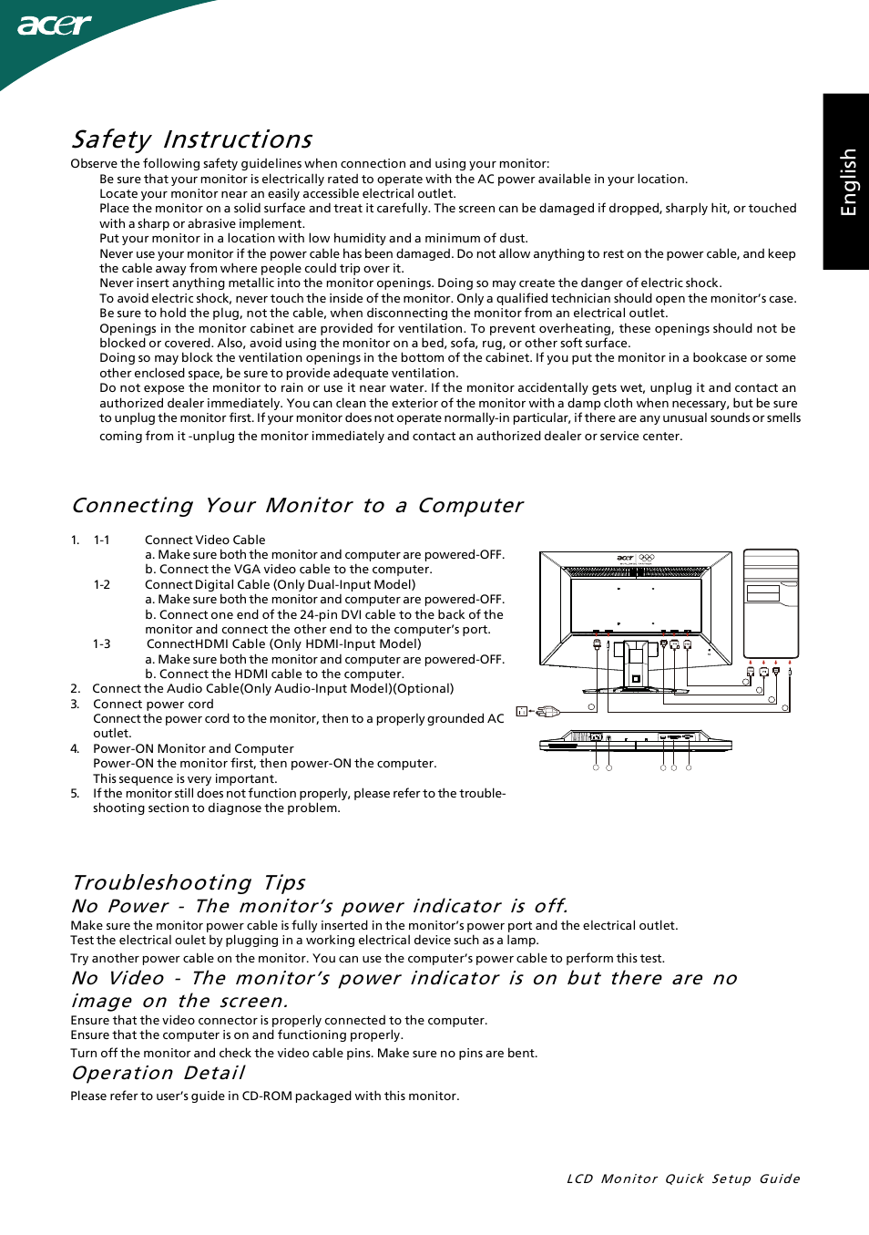 Safety instructions, Troubleshooting tips, Connecting your monitor to a computer | En gl is h, No power - the monitor’s power indicator is off, Operation detail | Acer G245HL User Manual | Page 2 / 26